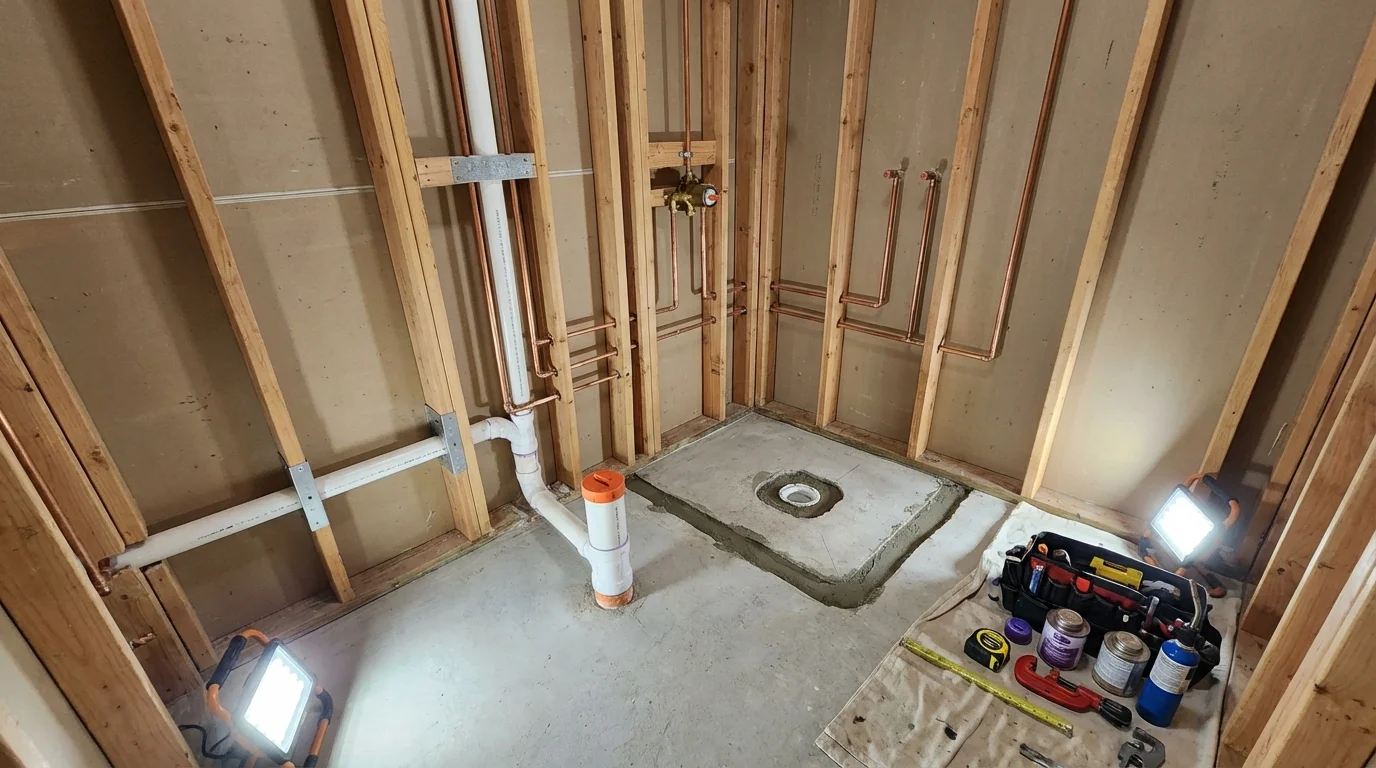 Bathroom rough-in plumbing during remodel by Johns Plumbing LLC in Van Buren