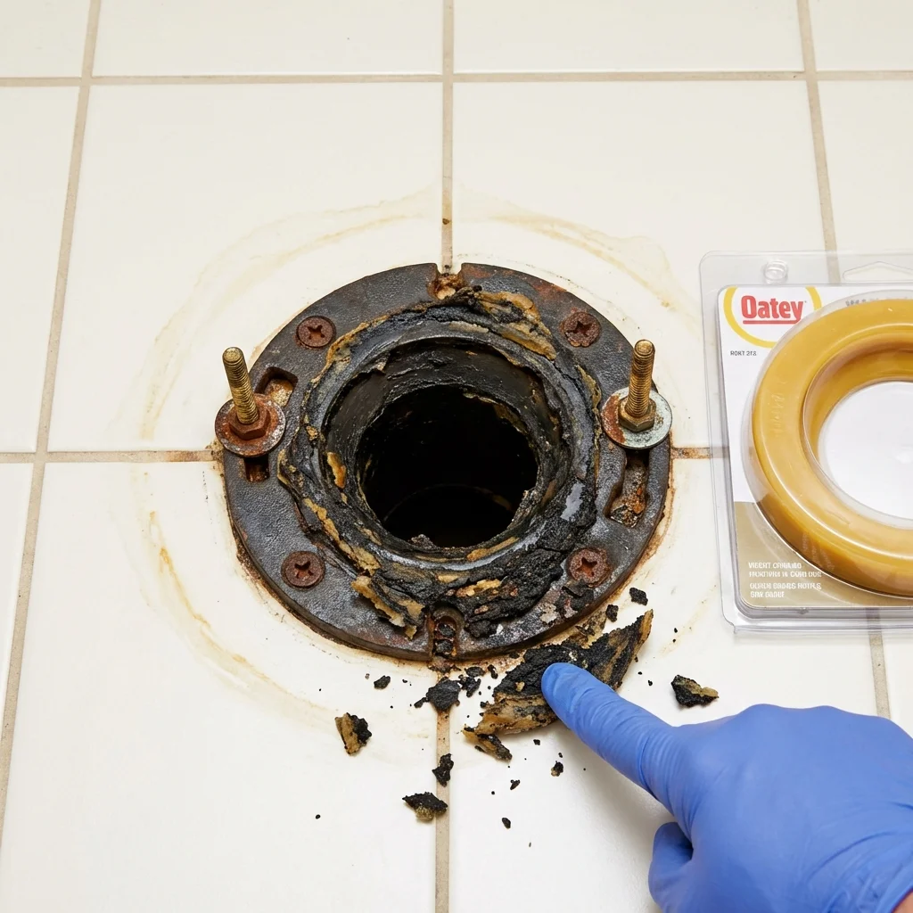 Failed wax ring showing water seepage at the base of a toilet in a Van Buren, MO home