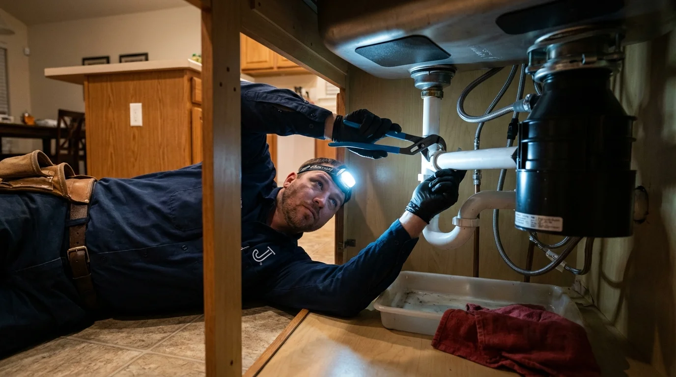 P-trap and supply line connections under a kitchen sink showing a common leak point in Van Buren, MO